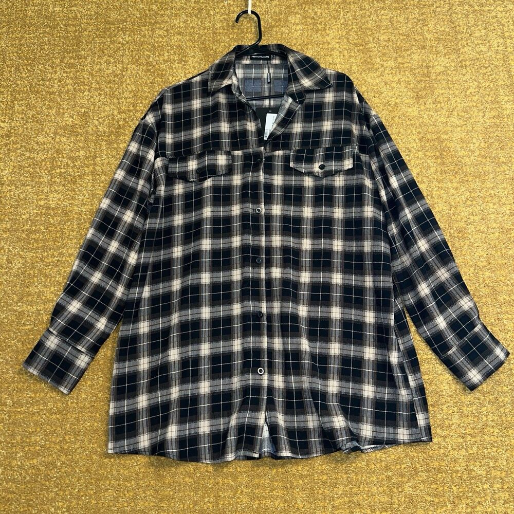 Pretty Little Thing Women's Sz 6 Button Down Top Plaid Brown Oversized Grunge